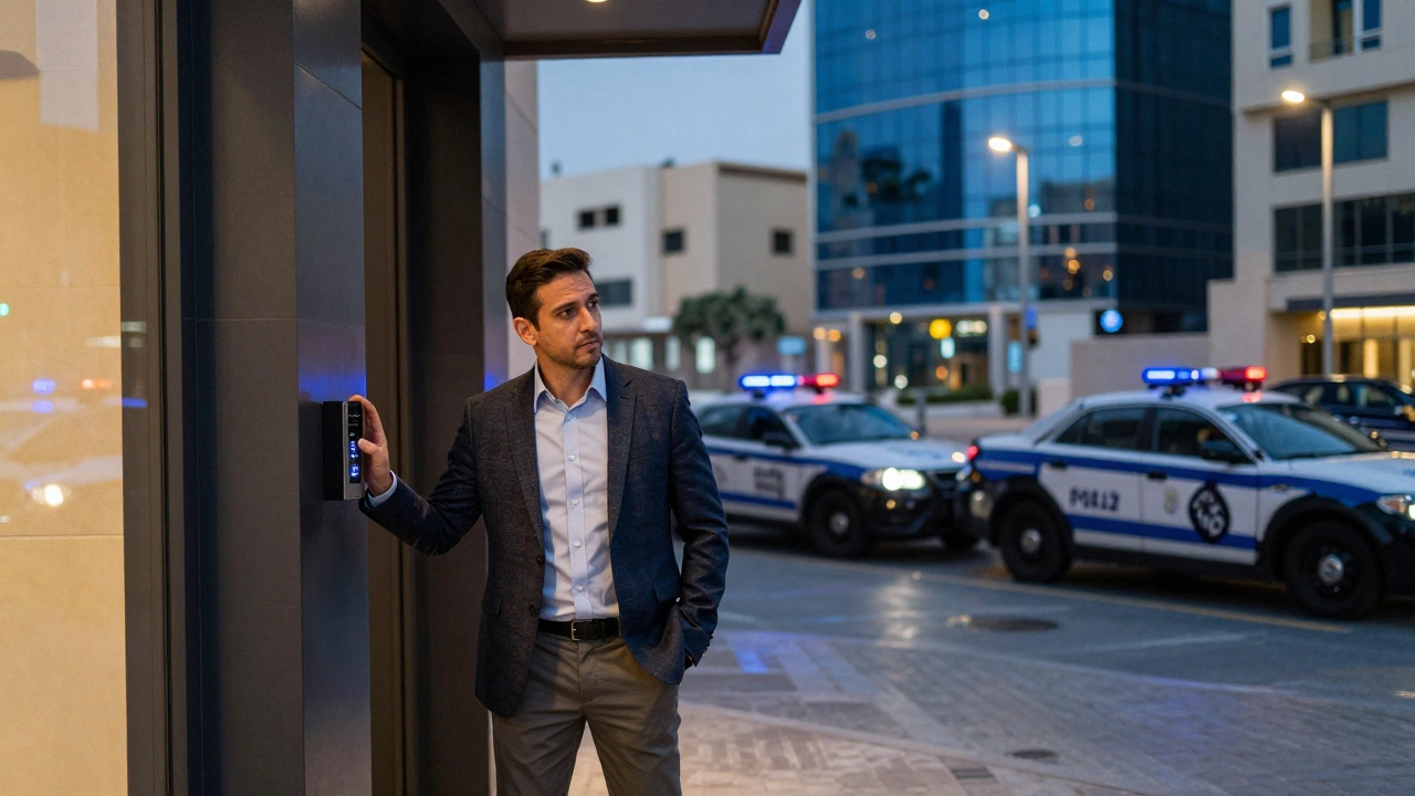 A tourist hesitating at a hidden entrance in Dubai, with police cars visible in the background at dusk.