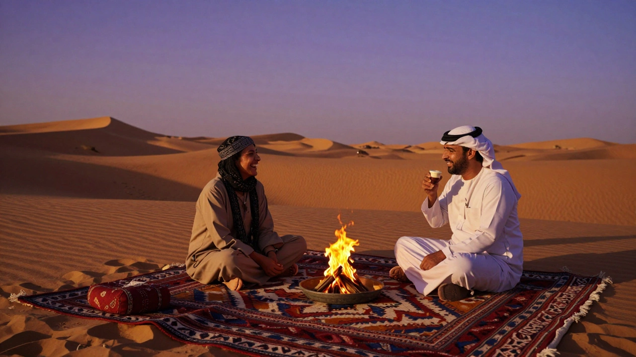 A traveler enjoying a desert safari at sunset with a local guide around a campfire.