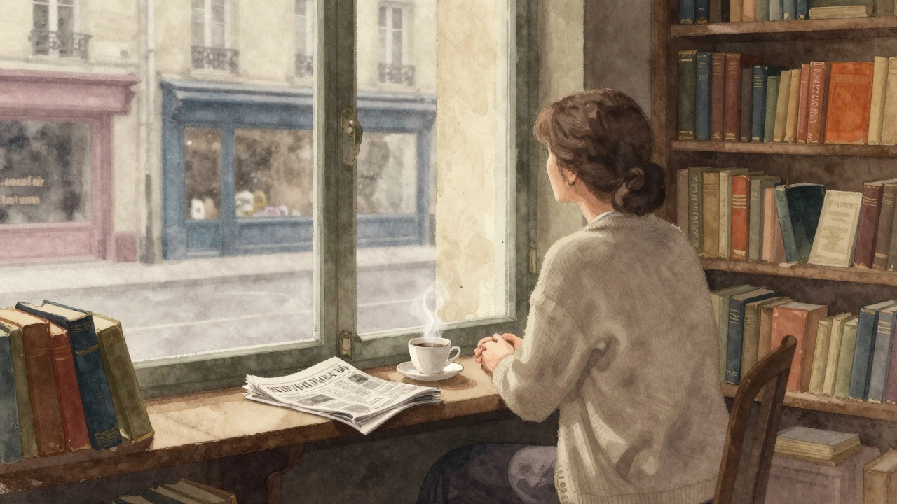 An elderly woman sitting silently by a window in a bookshop, tea steaming beside her.